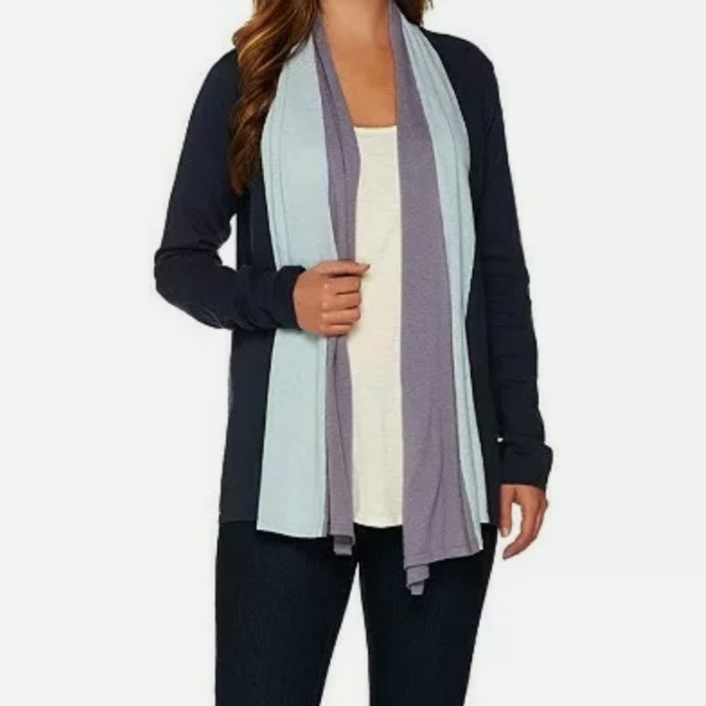 Logo Lori Goldstein Cardigan Sweater Blue Color Block size Small Cashmere